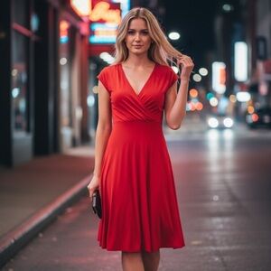 LAUREN RALPH LAUREN RED EMPIRE FIT & FLARE DRESS CLASSIC V-NECK MIDI SIZE 10